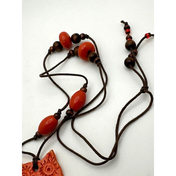 Boho Inspo Terracotta Owl Pendant Necklace Beads Adjustable Cord Art Piece Signe - Picture 4 of 5